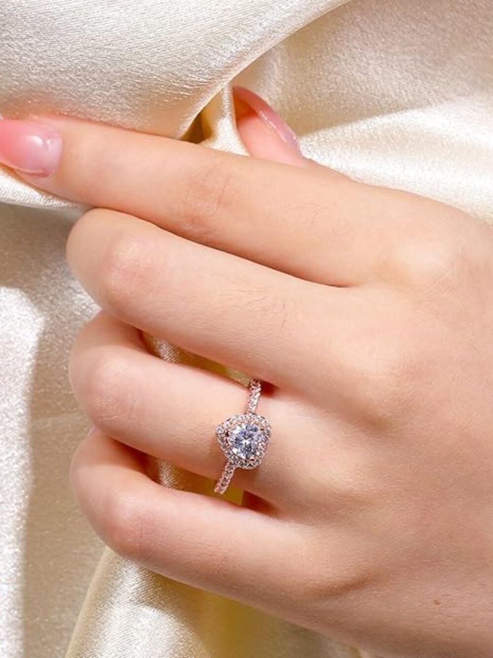 18K Rose Gold and White Diamond Cubic Zirconia Halo Heart Engagement Ring - Picture 7 of 7